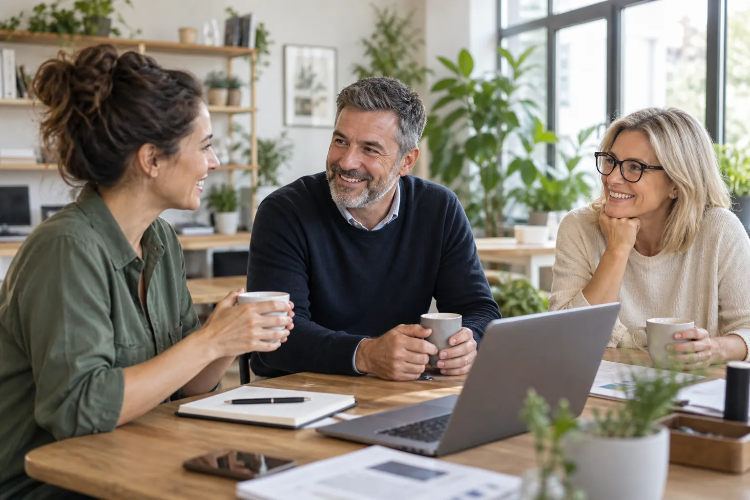 Small-business colleagues and advisers chatting over coffee in a bright office with plants.